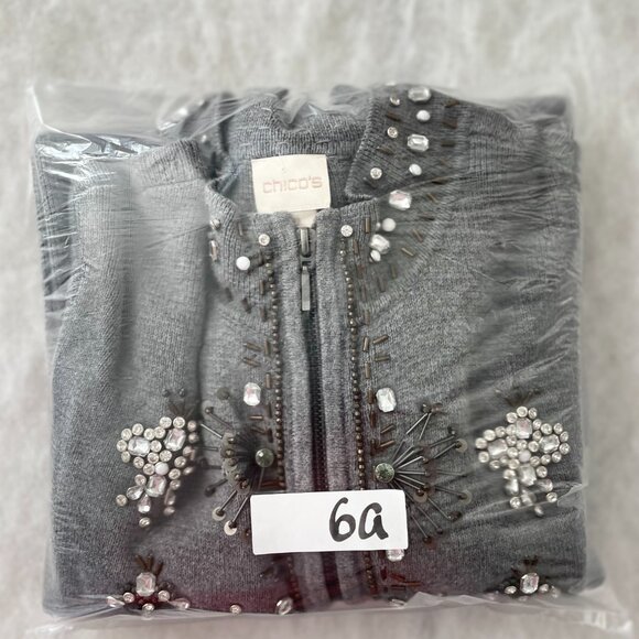 Chico's Womens Gray Beaded Placket Mock Neck Full Zip Cardigan Sweater Sz 2 US L - Picture 13 of 13